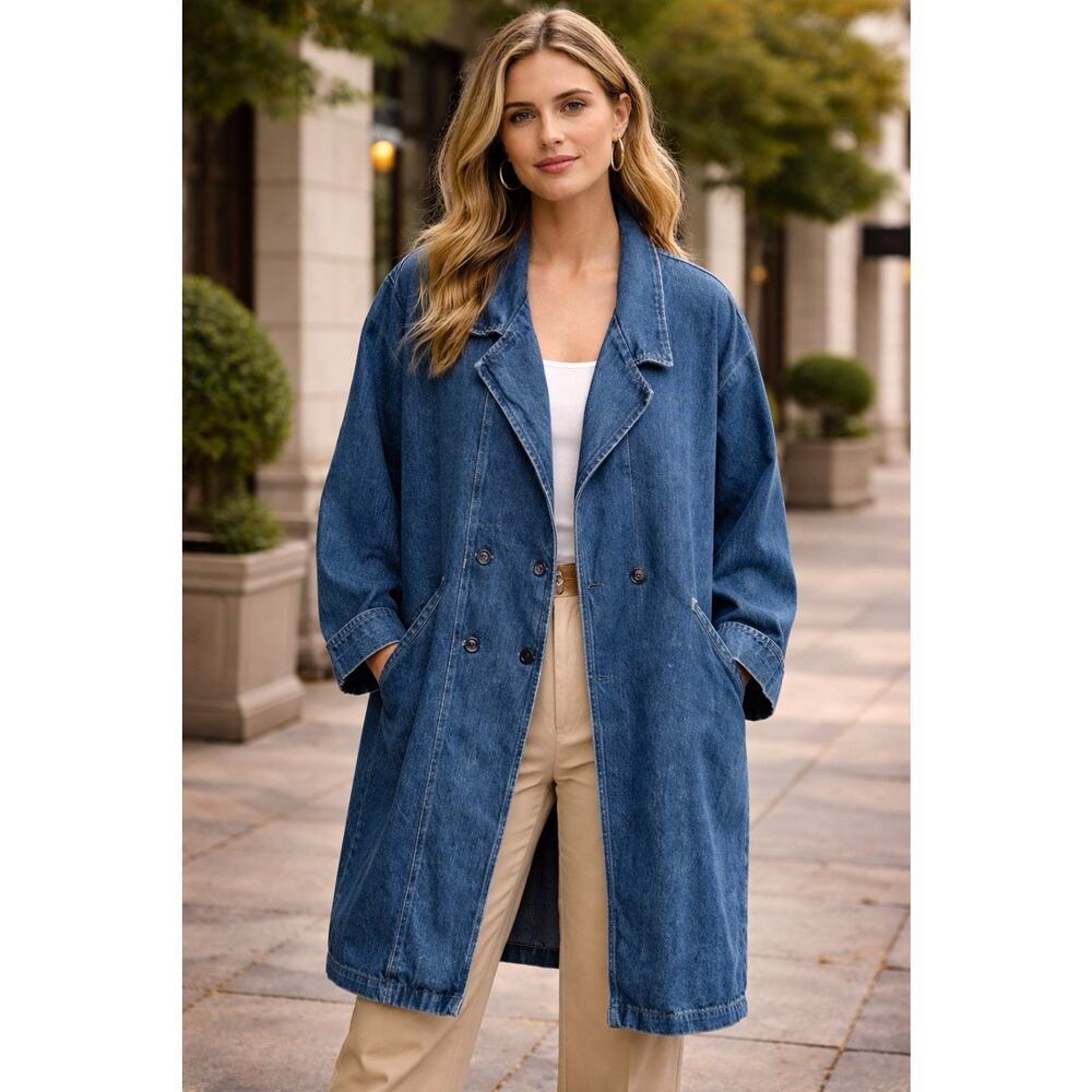 VTG 90's Avon Fashions Large Denim Trench Coat Button Down Jean Jacket